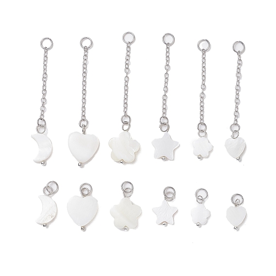12Pcs 12 Styles Natural Freshwater Shell Big Pendants Set, with Platinum Plated 304 Stainless Steel Open Jump Rings and Brass Cable Chains, Heart & Moon & Star, Mixed Shapes