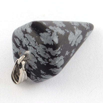 Natural Snowflake Obsidian Stone Pendants with Platinum Plated Iron Findings, Cone Pendulum, 25~27x14x14mm, Hole: 6x3mm