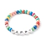 Acrylic Beads Letter Stretch Bracelets, Kids Bracelets, with Natural Wood Beads