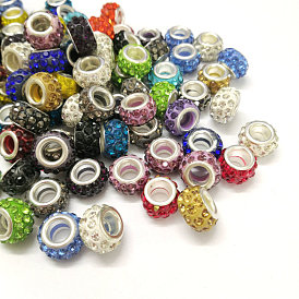 European Beads, with Grade A Chinese Rhinestone and Polymer Clay, Brass Core, 14x10mm, Hole: 5mm