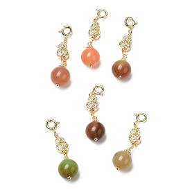 Natural Agate Round Pendant Decorations, Brass Gourd and Spring Ring Clasps Charm Ornament