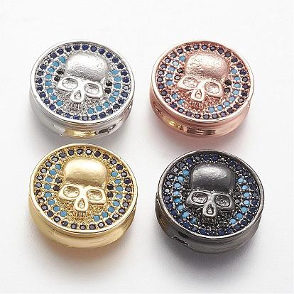 Brass Micro Pave Cubic Zirconia Beads, Flat Round with Skull Pattern