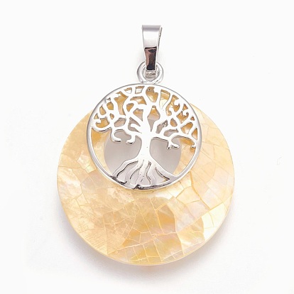 Natural Shell Pendants, with Rhinestone and Platinum Tone Brass Findings, Flat Round with Tree of Life