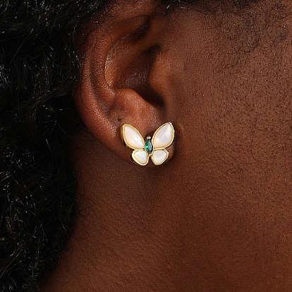 Natural Shell Butterfly Stud Earrings for Women, Brass Earrings