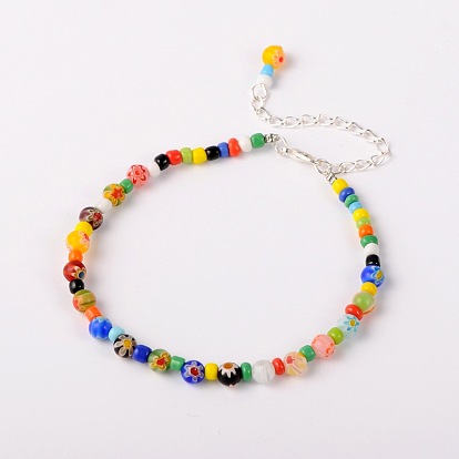 Handmade Millefiori Glass Beads Anklets, with Zinc Alloy Lobster Claw Clasps and Iron End Chains, 235mm