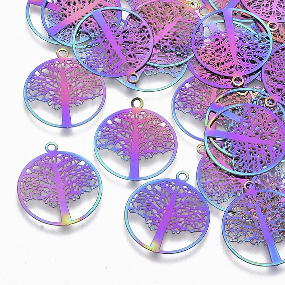 Ion Plating(IP) 201 Stainless Steel Filigree Pendants, Etched Metal Embellishments, Flat Round with Tree of Life