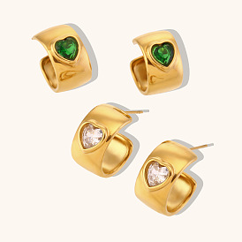 18K Gold Plated Heart Stone Wide Hoop Earrings - Minimalist Luxury Jewelry