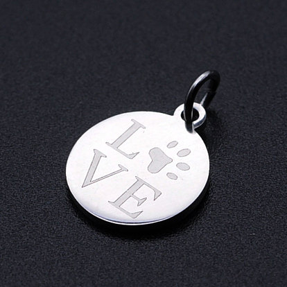 201 Stainless Steel Pet Charms, with Jump Rings, Flat Round with Dog Paw Prints & Word Love
