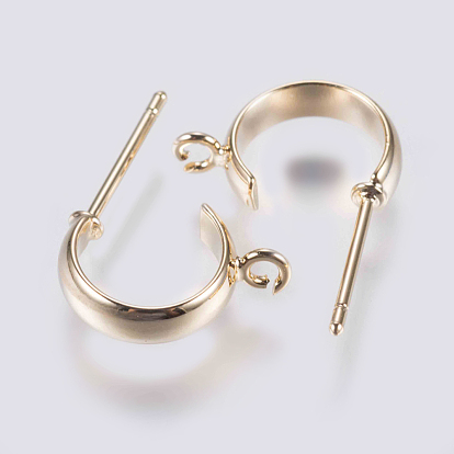 Brass Stud Earring Findings, Half Hoop Earrings, with Loop and Steel Pins, Long-Lasting Plated, Nickel Free, Real 18K Gold Plated