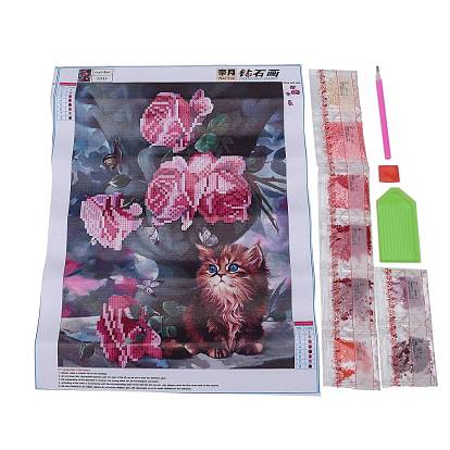 Kits de toile de peinture au diamant bricolage pour enfants, avec des strass de résine, stylo collant diamant, plaque de plateau et pâte à modeler, chat avec fleur