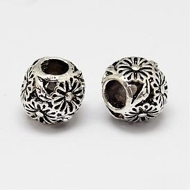Barrel with Flower Alloy European Beads, Large Hole Beads, 11x10x9.5mm, Hole: 4.5mm