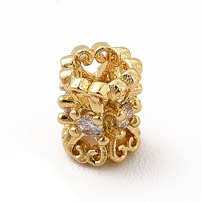 Rack Plating Brass Cubic Zirconia Beads, Cadmium Free & Lead Free, Long-Lasting Plated, Column with Floral Pattern