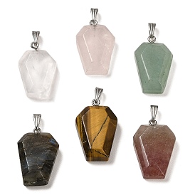 Natural Gemstone Pendants, Faceted Hexagon Charms with Rack Plating Stainless Steel Color Plated 201 Stainless Steel Snap on Bails, Cadmium Free & Lead Free
