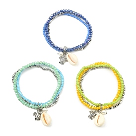 3 pcs 3 couleurs galvanoplastie verre et coquille bracelets extensibles pour femmes, avec tortue en alliage et perle de coquillage