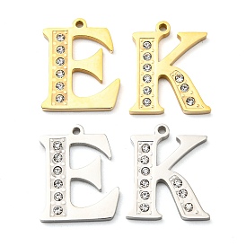 Real 14K Gold Plated 304 Stainless Steel Pendants, with Rhinestone, letter E/K