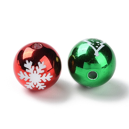 Perles acryliques plaquées et imprimées uv, le thème de Noël, iridescent, rond avec motif flocon de neige/cloche de Noël/arbre de Noël