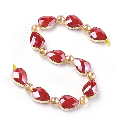 Opaque Glass Beads Strands, with Golden Tone Brass Findings, Pearl Luster Plated, Faceted, Drop