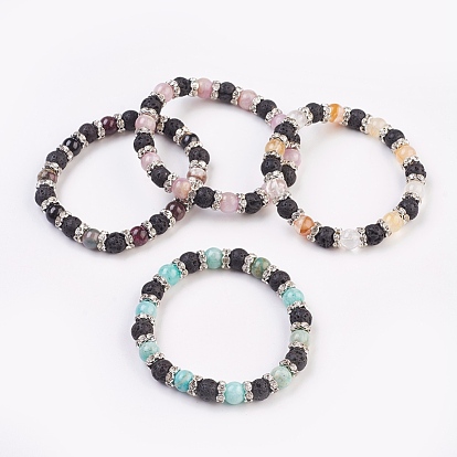 Natural Gemstone Stretch Bracelets, with Brass Rhinestone Spacer Beads