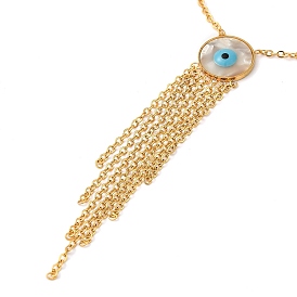 Natural Shell Enamel Evil Eye Lariat Necklace, 304 Stainless Steel Chains Tassel Necklace