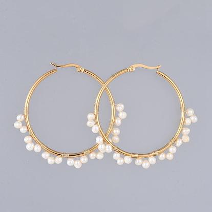 304 Stainless Steel Hoop Earrings, Beaded Hoop Earrings, with Natural Cultured Freshwater Pearl Beads, Ring