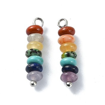 7 Chakra Gemstone Beaded Pendants, Rondelle Charms with Brass Findings, Mixed Dyed and Undyed