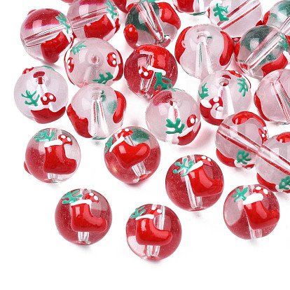 Perles de verre émaillées transparentes, le thème de Noël, rond avec des chaussettes