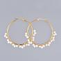 304 Stainless Steel Hoop Earrings, Beaded Hoop Earrings, with Natural Cultured Freshwater Pearl Beads, Ring