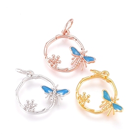 Brass Charms, with Enamel and Jump Rings, Ring with Butterfly & Flower