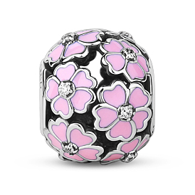 TINYSAND 925 Sterling Silver Cubic Zirconia Enamel European Large Hole Beads, Rondelle with Flower, 10.34x12.58mm, Hole: 4.24mm