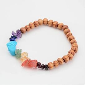 Chakra perles en bois bracelets extensibles, avec des perles naturelles de pierres précieuses