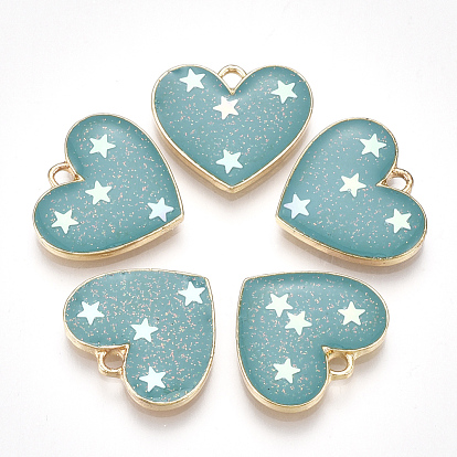 Alloy Pendants, with Enamel, Heart with Star, Light Gold