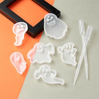 Moules en silicone pendentif fantôme bricolage halloween, moules de résine, avec pipettes en plastique, pour la résine UV, fabrication de bijoux en résine époxy
