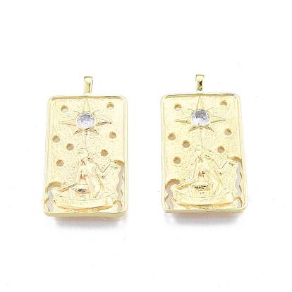 Brass Micro Pave Clear Cubic Zirconia Pendants, Rectangle with Human & Star