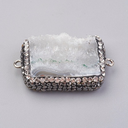 Natural Druzy Quartz Crystal Links/Connectors, with Polymer Clay Rhinestone and Brass Findings, Rectangle