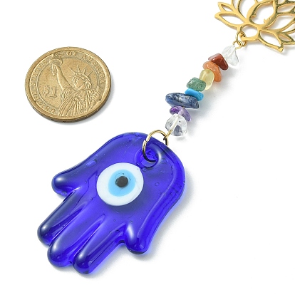Gemstone Chip Beaded Pendant Decorations, with Evil Eye Lampwork and 201 Stainless Steel Lotus Hanging Ornaments, Star/Teardrop/Flat Round/Hamsa Hand
