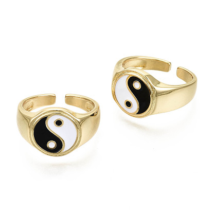 Anillos de brazalete de latón esmaltado, anillos abiertos, sin níquel, chisme / yin yang, en blanco y negro