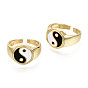 Brass Enamel Cuff Rings, Open Rings, Nickel Free, Gossip/Yin Yang, Black & White