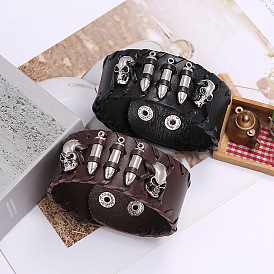 Cowhide & PU Leather Cord Bracelet, Alloy Skull & Bullet Studded Bracelet