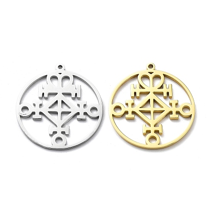 304 Stainless Steel Pendants, Laser Cut, Flat Round with Viking Love Rune Charm