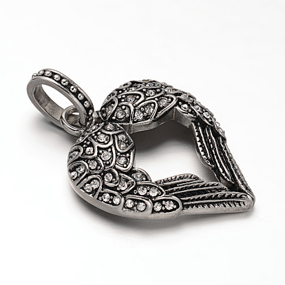 Antique Silver Plated 304 Stainless Steel Rhinestone Pendants, Heart with Wing39.5x31x7mm, Hole: 6.5x10mm