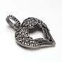 Antique Silver Plated 304 Stainless Steel Rhinestone Pendants, Heart with Wing39.5x31x7mm, Hole: 6.5x10mm