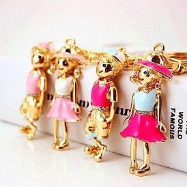 Light Gold Alloy Keychains, with Crystal Rhinestone and Enamel, Human