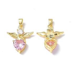 Brass Rhinestone Pendants, Real 18K Gold Plated, Heart with Wing Charms