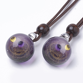 Handmade Gold Sand Lampwork Pendants, Galaxy Universe Ball, with Two Color Small Ball inside