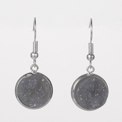 Silver Color Plated Flat Round Brass Druzy Resin Dangle Earrings, 34mm, Pin: 0.7mm