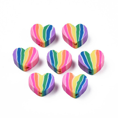 Handmade Polymer Clay Beads, Heart with Stripe Pattern