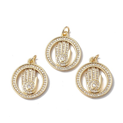 Brass Micro Pave Cubic Zirconia Pendants, Cadmium Free & Lead Free, Real 18K Gold Plated, Long-Lasting Plated, with Jump Ring, Ring with Palm Charm
