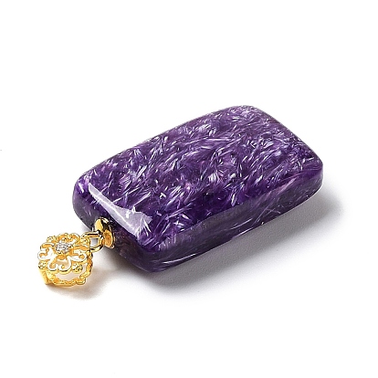 Natural Charoite Pendants, Rectangle Charms with Golden Tone 925 Sterling Silver Rhinestone Findings