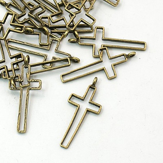 Tibetan Style Alloy Hollow Cross Pendants, Lead Free and Cadmium Free, 39x16x1.5mm, Hole: 1mm