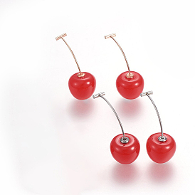 304 Stainless Steel Ear Studs, with Resin, Cherry